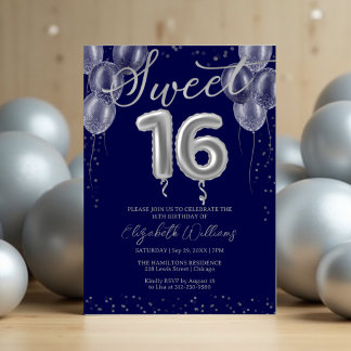 Silver Foil Sweet 16 Birthday Balloons Royal Blue Einladung
