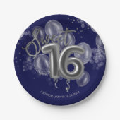 Silver Foil Sweet 16 Birthday Balloons Royal Blue Pappteller (Vorderseite)