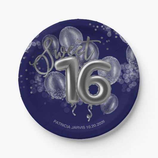 Silver Foil Sweet 16 Birthday Balloons Royal Blue Pappteller (Vorderseite)