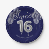 Silver Foil Sweet 16 Birthday Balloons Royal Blue Pappteller (Vorderseite)