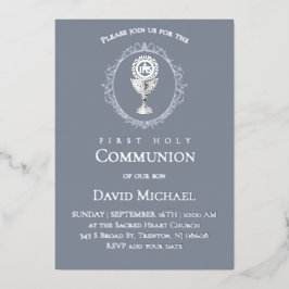 Silver foil text First Holy Communion boy Folieneinladung