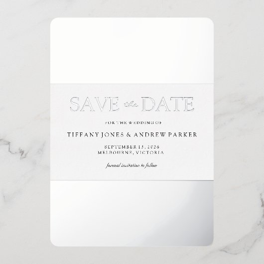 Silver Foil Trendy Moderne Hochzeit retten das Dat Folieneinladung (Vorderseite)