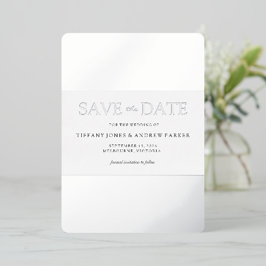 Silver Foil Trendy Moderne Hochzeit retten das Dat Folieneinladung (Stehend vorne)