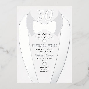 Silver Foil Tuxedo Anzug Mens 50. Geburtstagsparty Folieneinladung