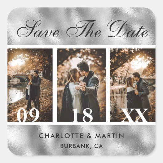 Silver Foil Wedding Foto Save the Date Sticker (Vorderseite)