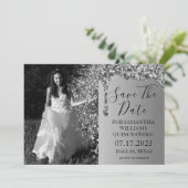 Silver Foto Sparkle Glitzer Tropfen Quinceanera Save The Date (Stehend Vorderseite)
