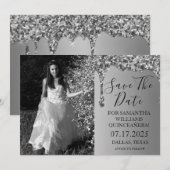 Silver Foto Sparkle Glitzer Tropfen Quinceanera Save The Date (Vorne/Hinten)