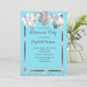 Silver Frame Balloons Light Blue Retirement Einladung (Stehend Vorderseite)