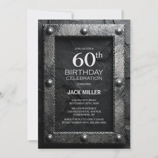 Silver Frame Black Slate 60th Birthday Party Einladung (Vorderseite)