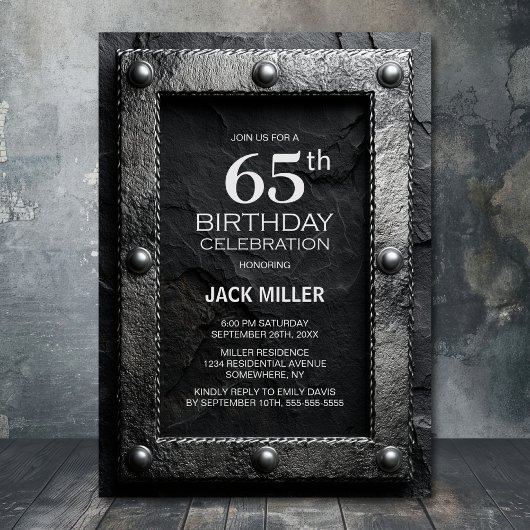 Silver Frame Black Slate 65th Birthday Party Einladung
