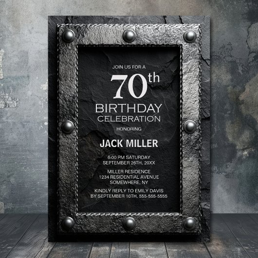 Silver Frame Black Slate 70th Birthday Party Einladung