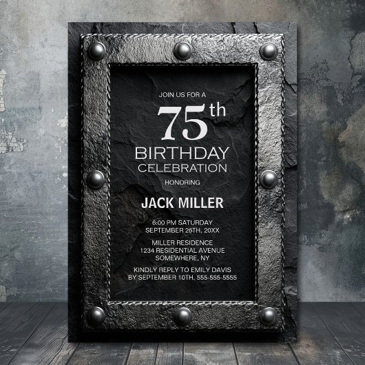Silver Frame Black Slate 75th Birthday Party Einladung