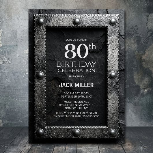 Silver Frame Black Slate 80th Birthday Party Einladung
