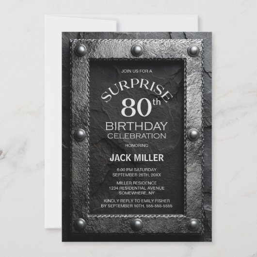 Silver Frame Black Slate Surprise 80th Birthday Einladung (Vorderseite)
