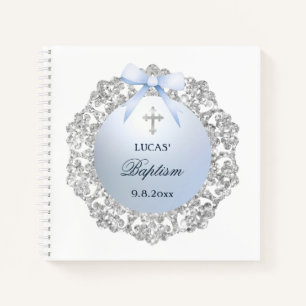 Silver Frame Blue Bow Taufen Square Gästebuch Notizblock