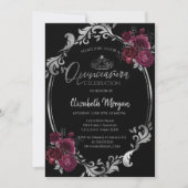 Silver Frame Burgundy Rose Black Quinceañera Einladung (Vorderseite)