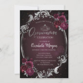 Silver Frame Burgundy Rose Dunkle Quinceañera Einladung (Vorderseite)