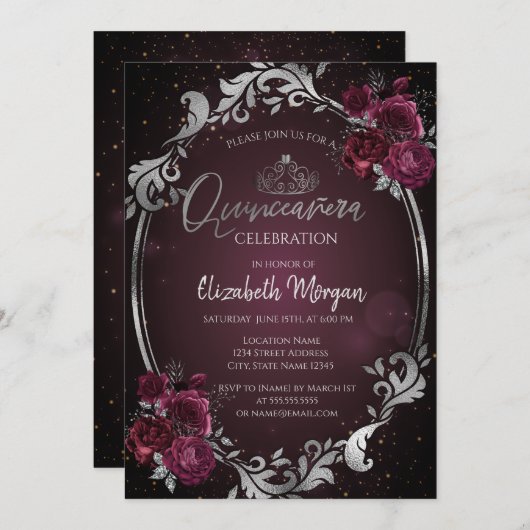 Silver Frame Burgundy Rose Dunkle Quinceañera Einladung (Vorne/Hinten)