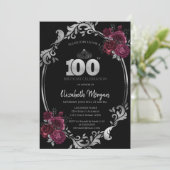 Silver Frame Burgundy Rose Schwarz 100. Geburtstag Einladung (Stehend Vorderseite)