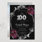 Silver Frame Burgundy Rose Schwarz 100. Geburtstag Einladung (Vorne/Hinten)