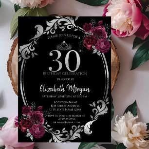 Silver Frame Burgundy Rose Schwarz 30. Geburtstag Einladung