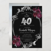 Silver Frame Burgundy Rose Schwarz 40. Geburtstag Einladung (Vorne/Hinten)