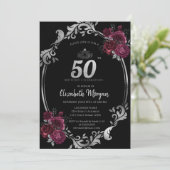 Silver Frame Burgundy Rose Schwarz 50. Geburtstag Einladung (Stehend Vorderseite)