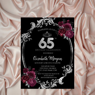 Silver Frame Burgundy Rose Schwarz 65. Geburtstag Einladung
