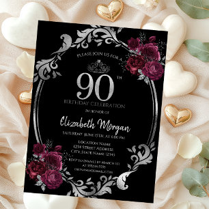 Silver Frame Burgundy Rose Schwarz 90. Geburtstag Einladung