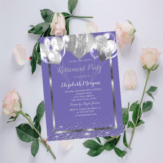 Silver Frame Confetti Balloons Violet Retirement Einladung