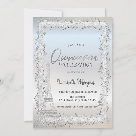 Silver Frame Eiffel Tower Silver Quinceanera Einladung (Vorderseite)