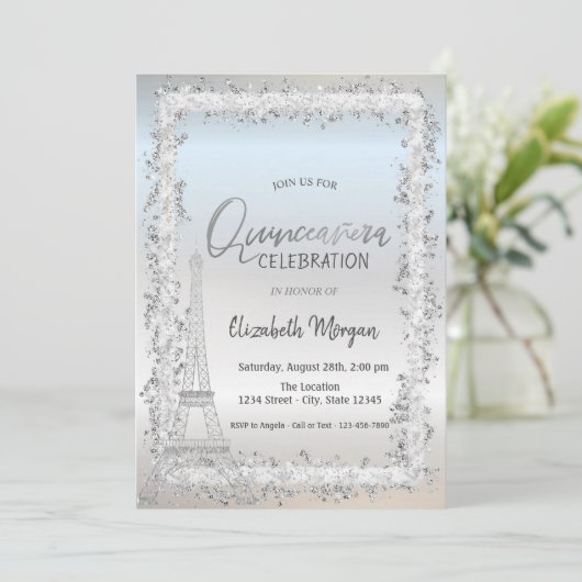 Silver Frame Eiffel Tower Silver Quinceanera Einladung (Stehend Vorderseite)