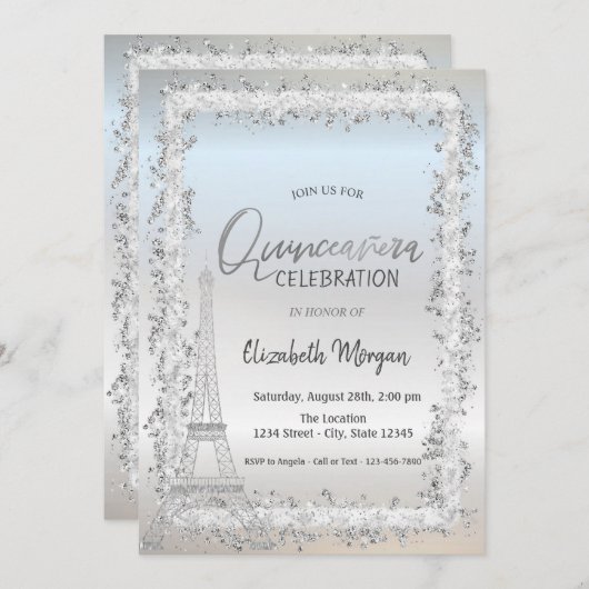Silver Frame Eiffel Tower Silver Quinceanera Einladung (Vorne/Hinten)