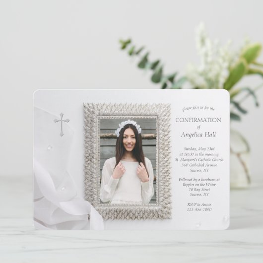 Silver Frame Foto Religiöse Einladung (Stehend Vorderseite)