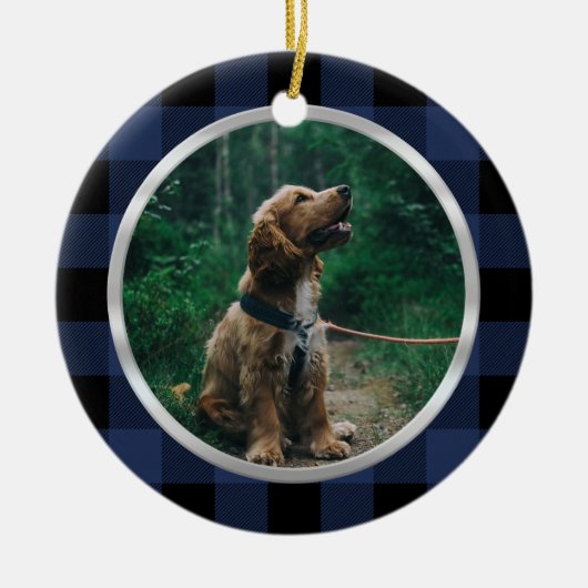 Silver Frame Hund Foto Navy Blue Kariert Tartan Keramik Ornament (Vorne)