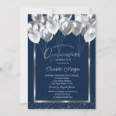 Silver Frame Navy Confetti Balloons Quinceañera Einladung (Vorderseite)