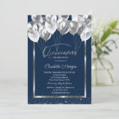 Silver Frame Navy Confetti Balloons Quinceañera Einladung (Stehend Vorderseite)