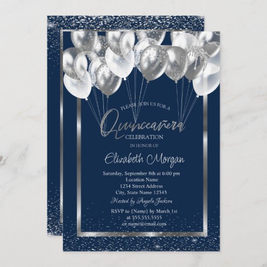Silver Frame Navy Confetti Balloons Quinceañera Einladung (Vorne/Hinten)