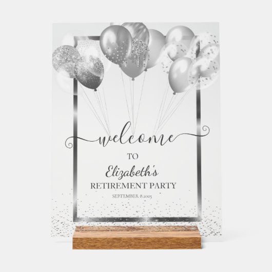 Silver Frame Navy Confetti Balloons Ruhestand Acrylschild (Vorderseite)