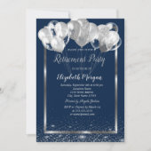 Silver Frame Navy Confetti Balloons Ruhestand Einladung (Vorderseite)