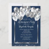 Silver Frame Navy Confetti Balloons Ruhestand Einladung (Vorderseite)
