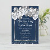 Silver Frame Navy Confetti Balloons Ruhestand Einladung (Stehend Vorderseite)