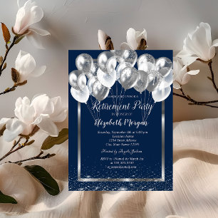 Silver Frame Navy Confetti Balloons Ruhestand Einladung