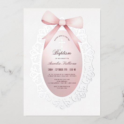 Silver Frame Pink Bow Taufe Folieneinladung (Vorderseite)