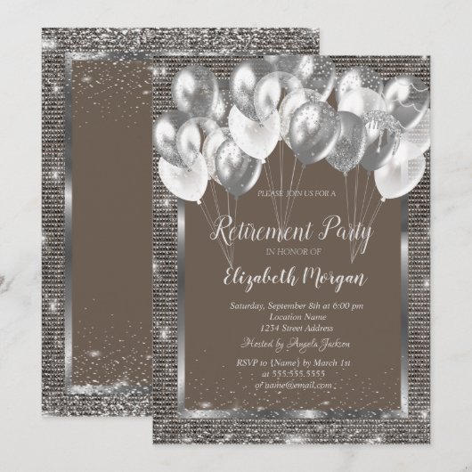 Silver Frame Sequins Balloons Brown Retirement Einladung (Vorne/Hinten)