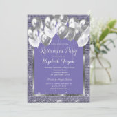 Silver Frame Sequins Balloons Violet Retirement Einladung (Stehend Vorderseite)