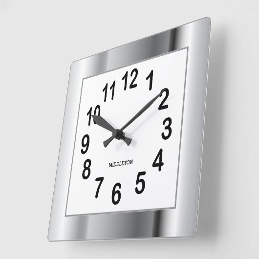 Silver Frame und Black Numbers Quadratische Wanduhr (Winkel)