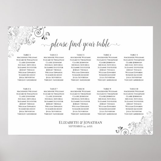 Silver Frills 10 Table Wedding Seating Chart White Poster (Vorne)