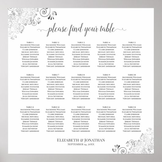 Silver Frills 15 Table Wedding Seating Chart White Poster (Vorne)