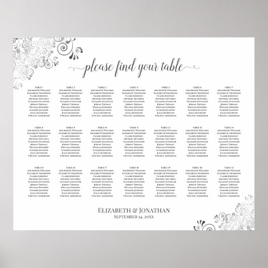 Silver Frills 21 Table Wedding Seating Chart White Poster (Vorne)
